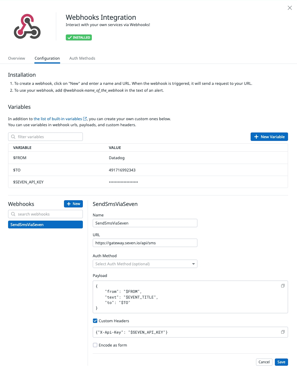 Setup Datadog Webhooks for seven SMS