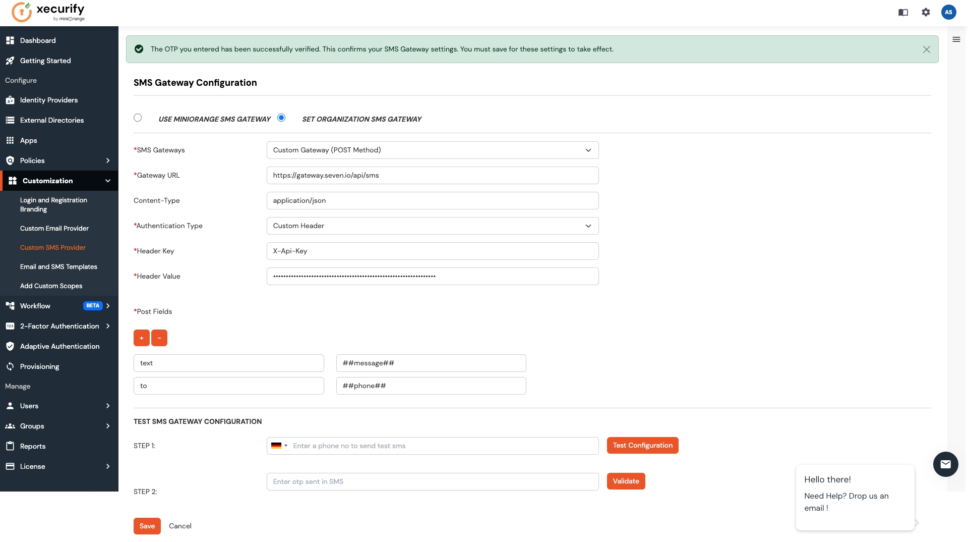 miniOrange: SMS Configuration